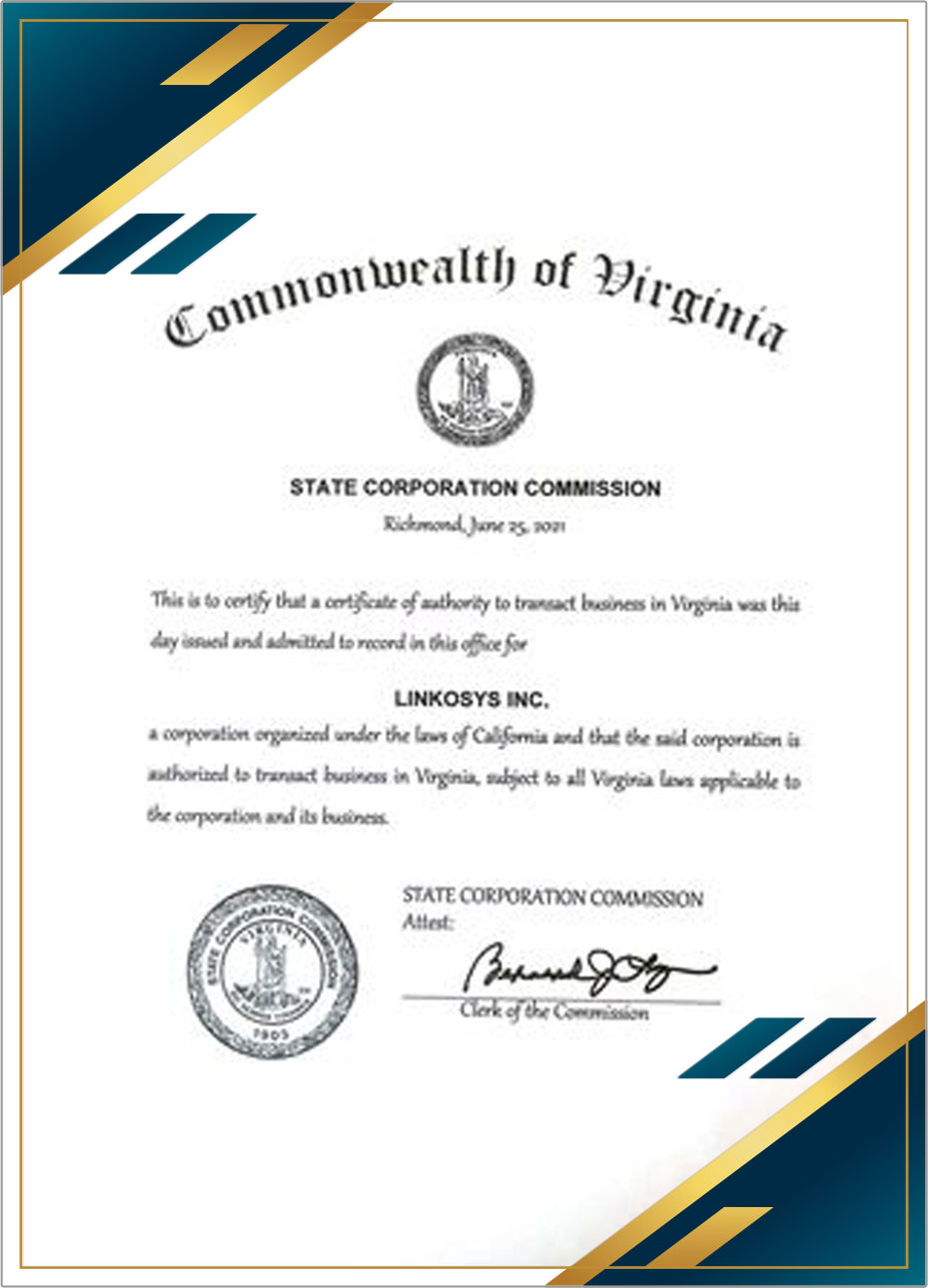 Scanned Commonwealth of Virginia certificate of authority for Linkosys Inc.