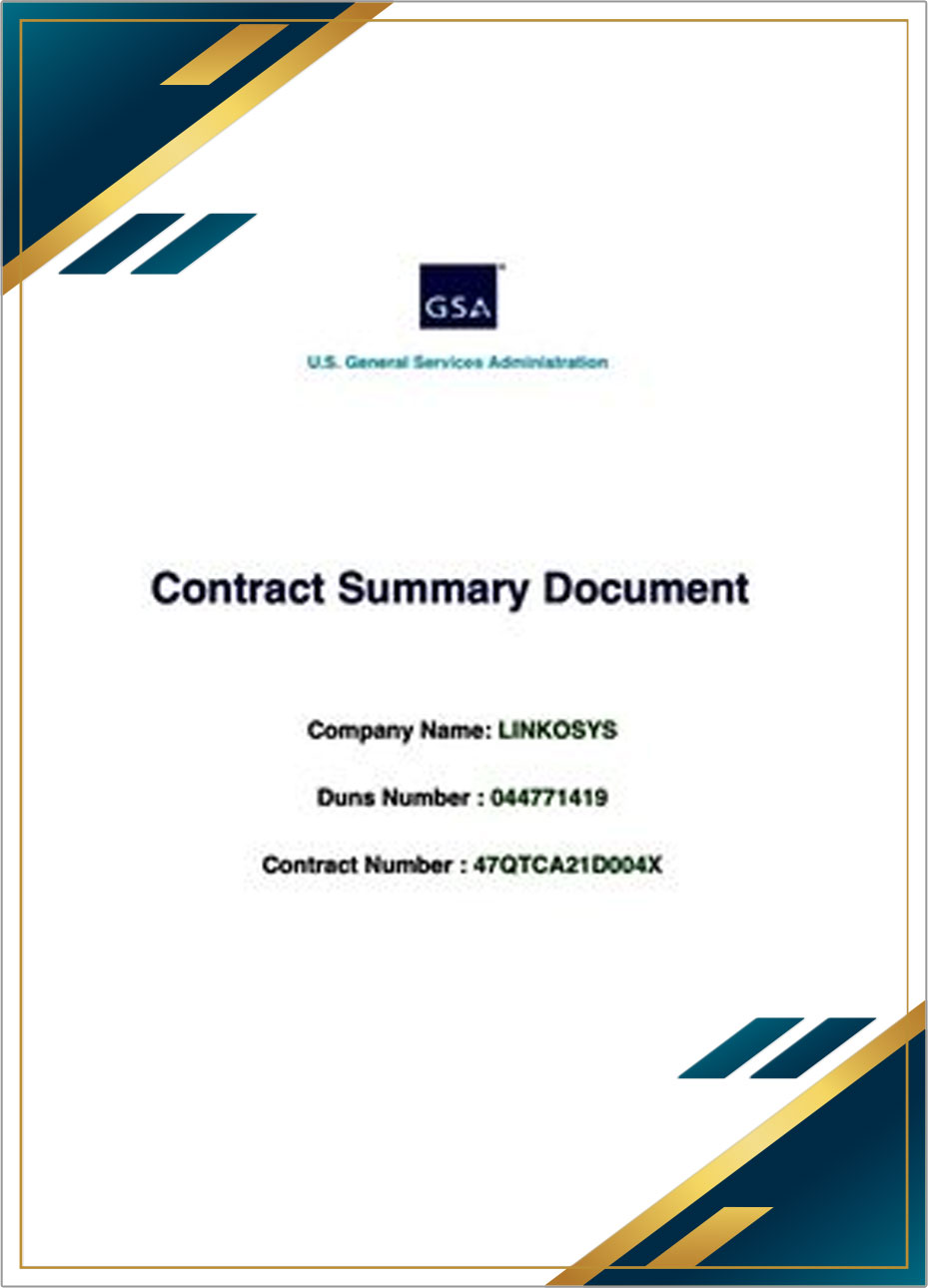 Scanned GSA contract summary document listing contract number 47QTCA21D004X
